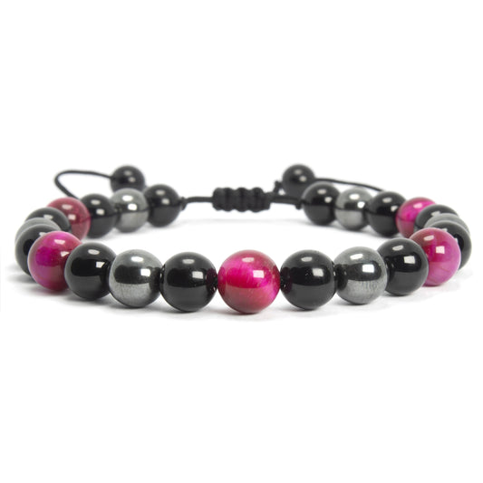 Pink Tiger Eye, Hematite, and Onyx Adjustable Bracelet, 8mm Radiant Harmony - for Men & Women