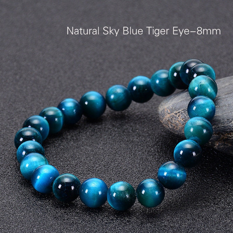 Serene Azure Tiger Eye, Super Sky Blue Tiger Eye Bracelet with 6mm, 8mm, 10mm, and 12mm Variations