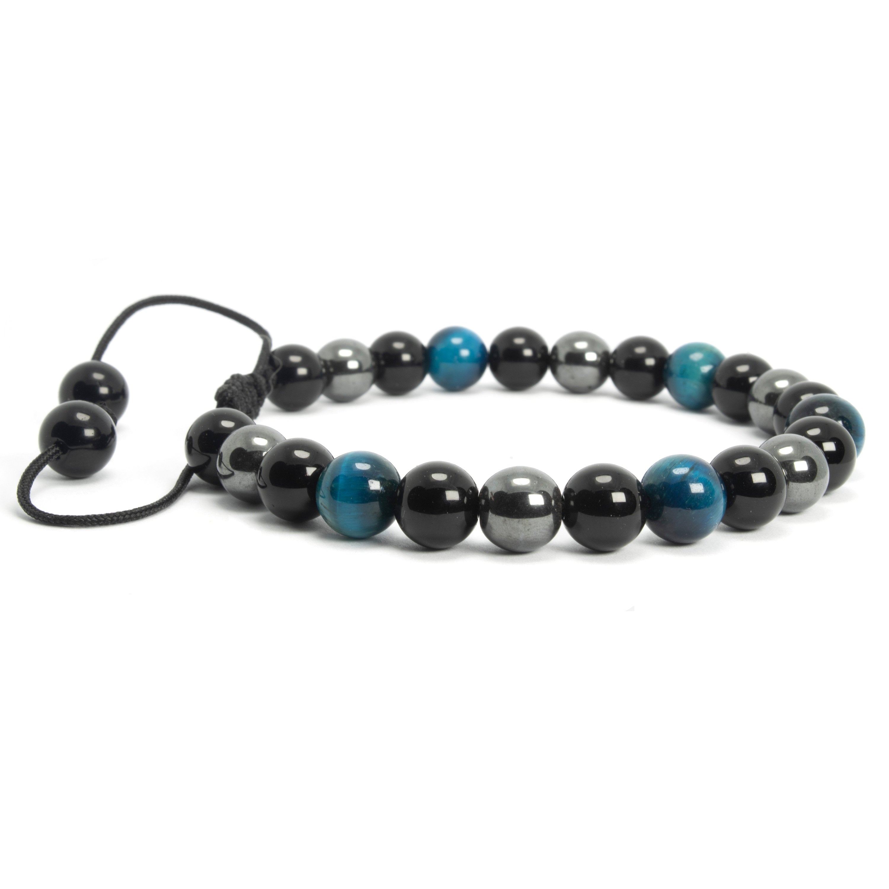 Blue Tiger eye, Hematite, and Onyx Bracelet, 8mm - Natural - Adjustable