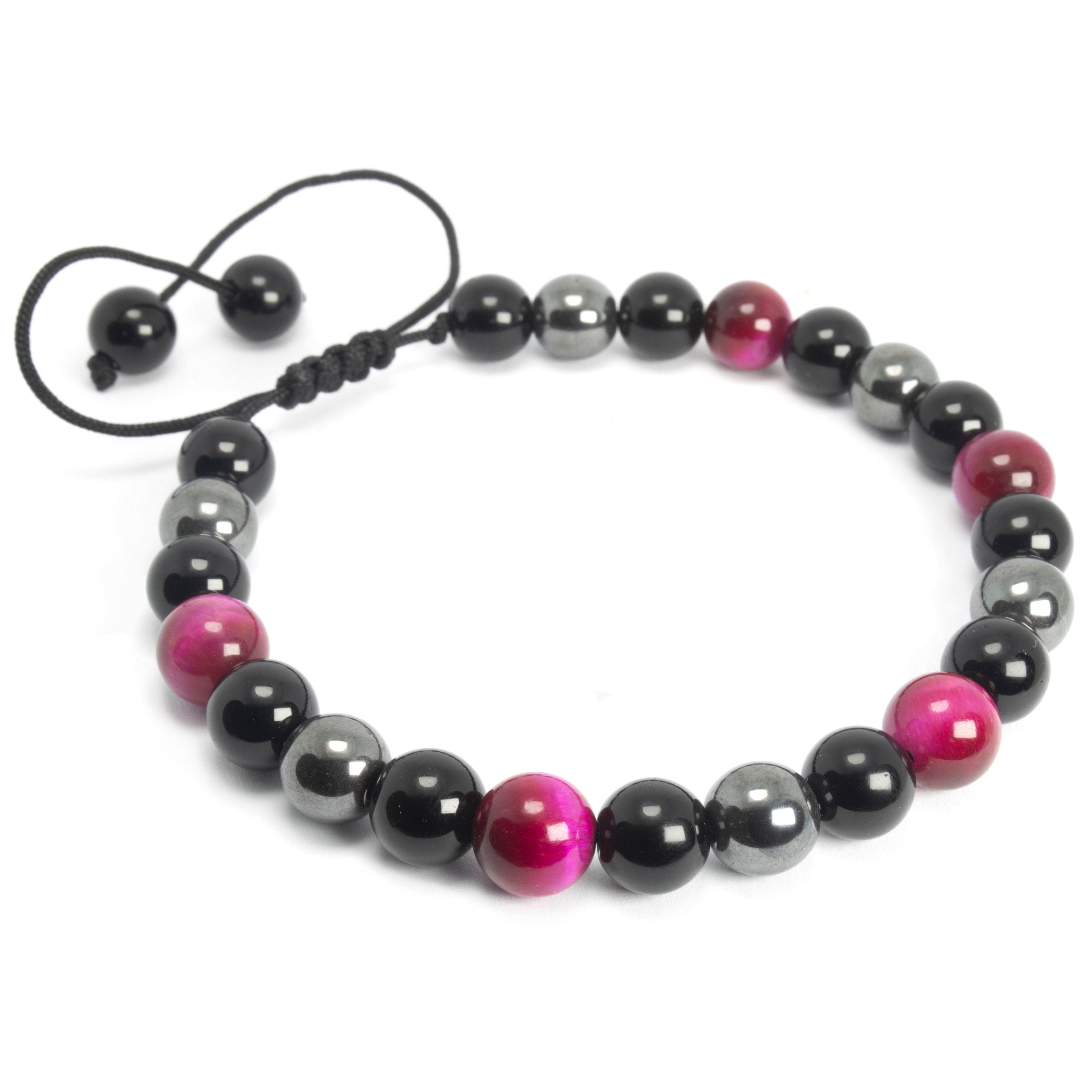 Pink Tiger Eye, Hematite, and Onyx Adjustable Bracelet, 8mm Radiant Harmony - for Men & Women