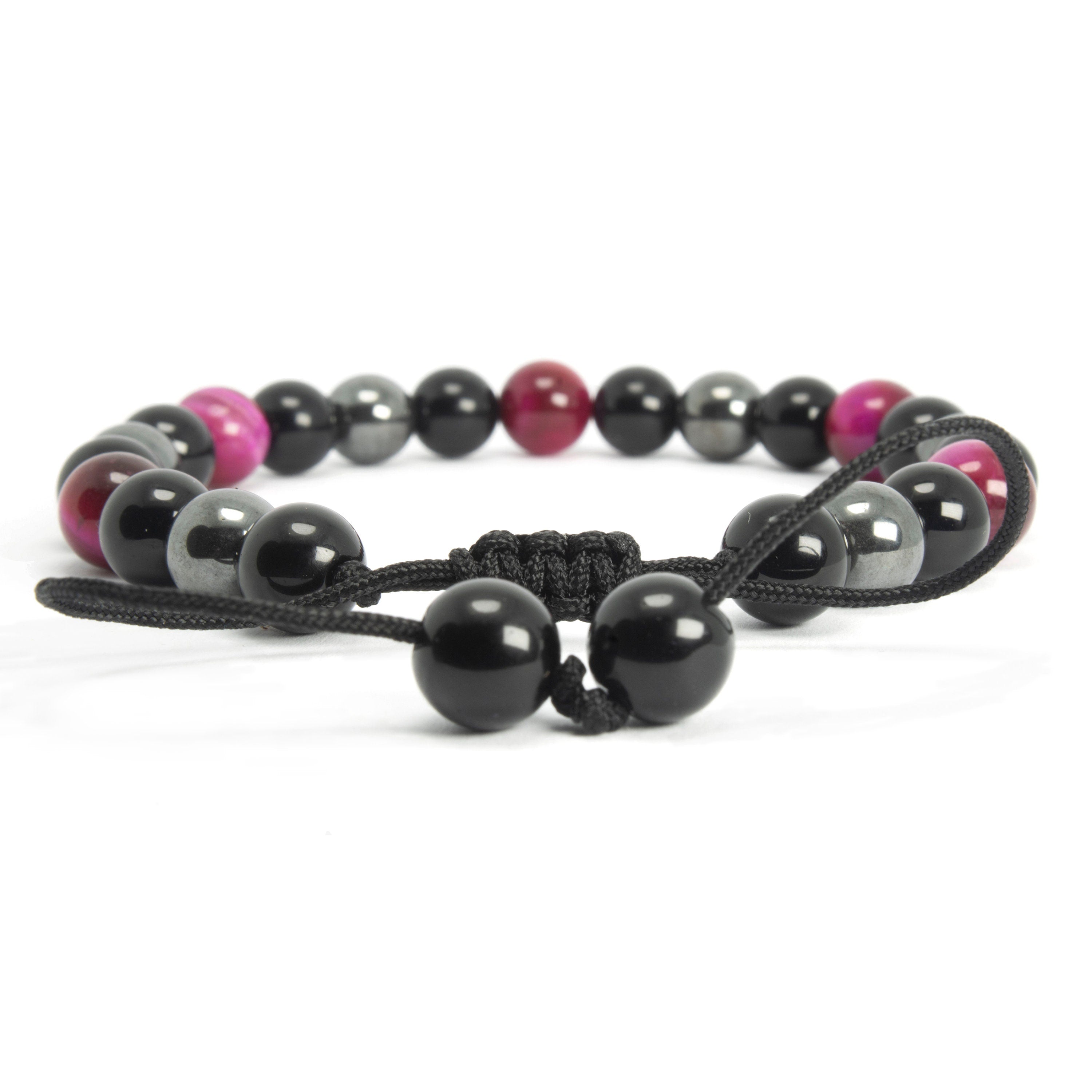 Pink Tiger Eye, Hematite, and Onyx Adjustable Bracelet, 8mm Radiant Harmony - for Men & Women