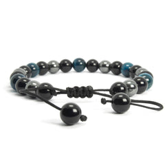 Blue Tiger eye, Hematite, and Onyx Bracelet, 8mm - Natural - Adjustable