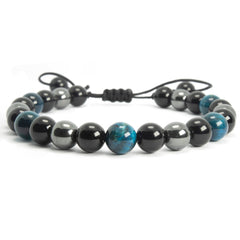 Blue Tiger eye, Hematite, and Onyx Bracelet, 8mm - Natural - Adjustable