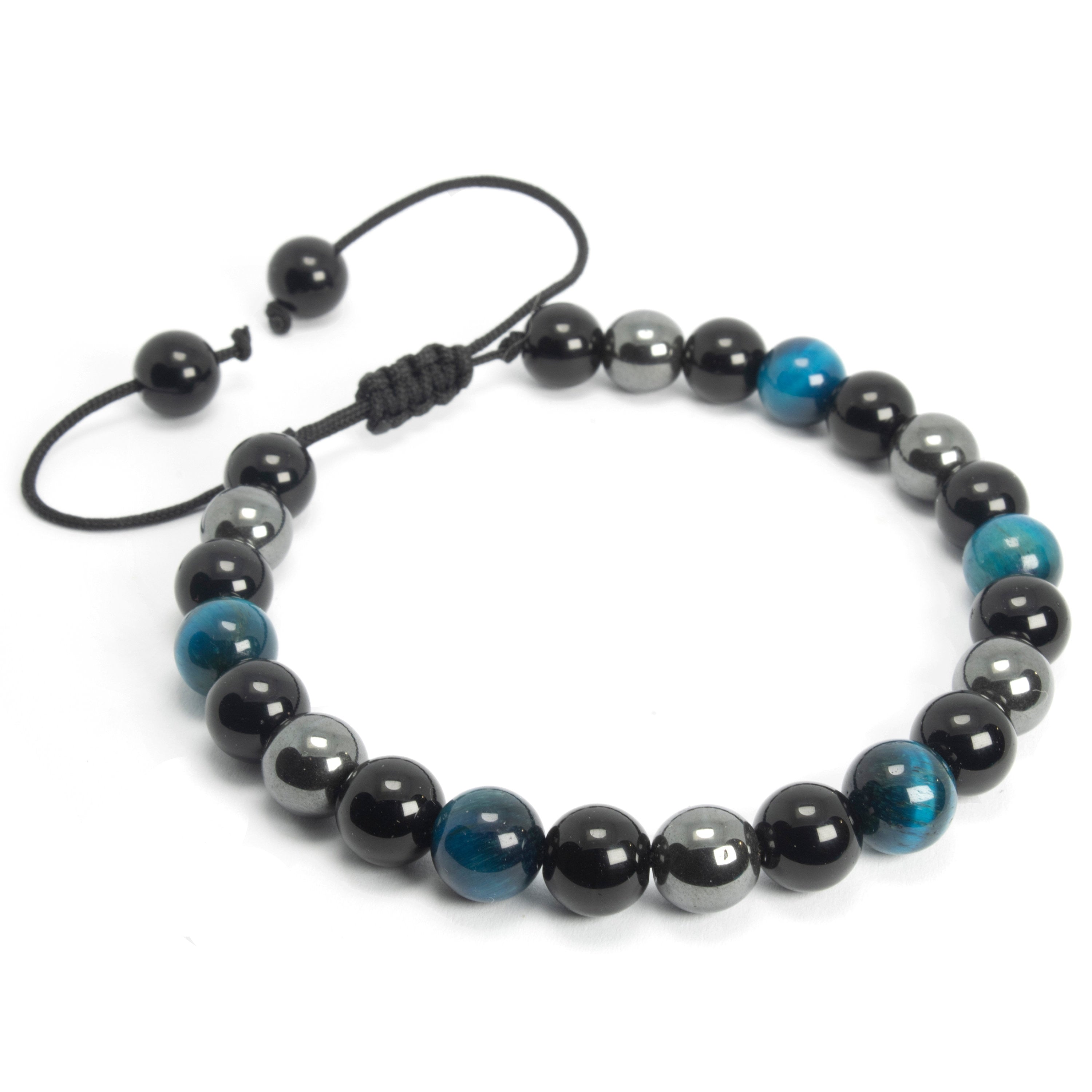 Blue Tiger eye, Hematite, and Onyx Bracelet, 8mm - Natural - Adjustable