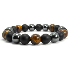 Power Trio: 10mm Tiger Eye, Onyx, and Hematite Bracelet for Strength and Balance