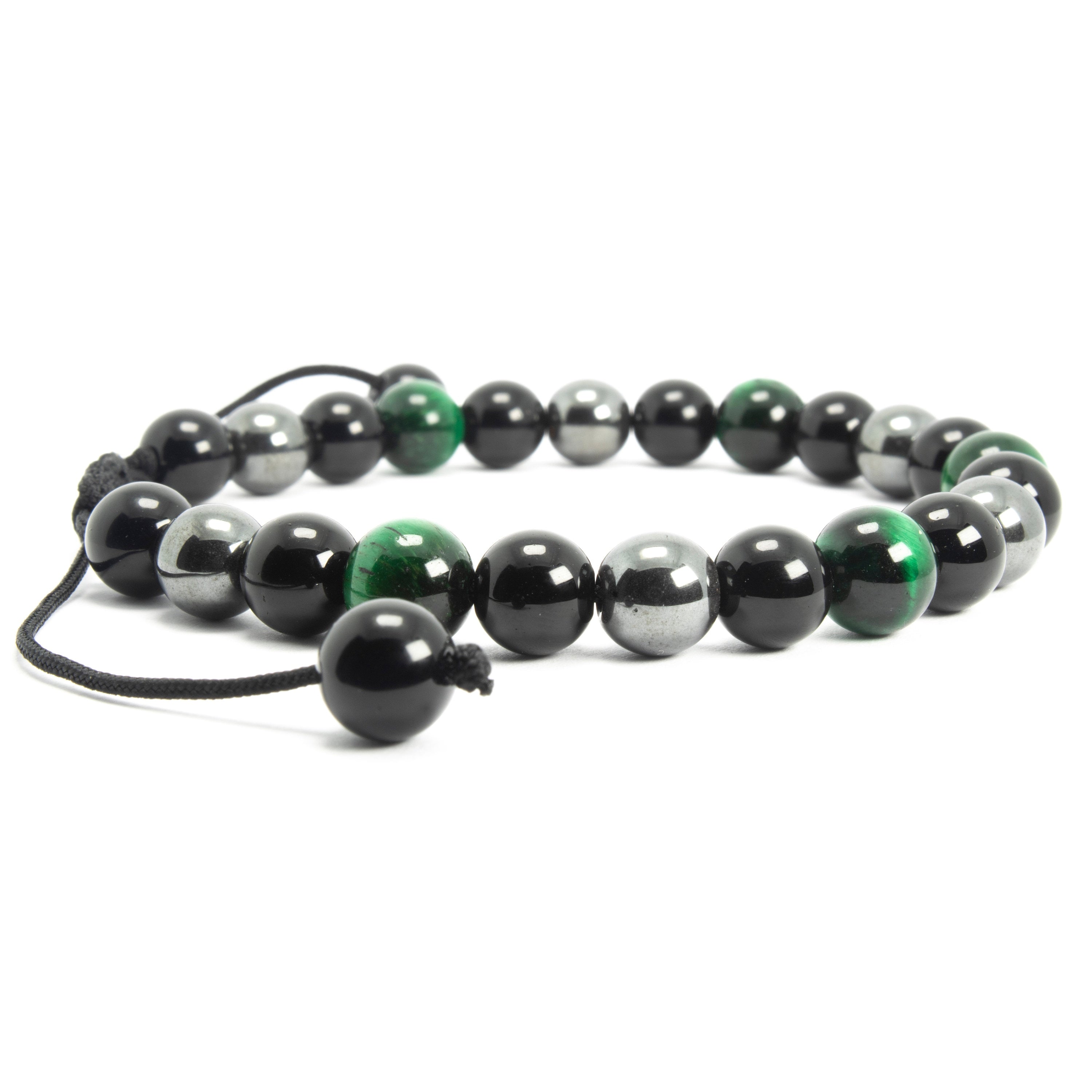 Adjustable Green Tiger Eye, Hematite, and Onyx Bracelet: Empowering Balance and Grounding