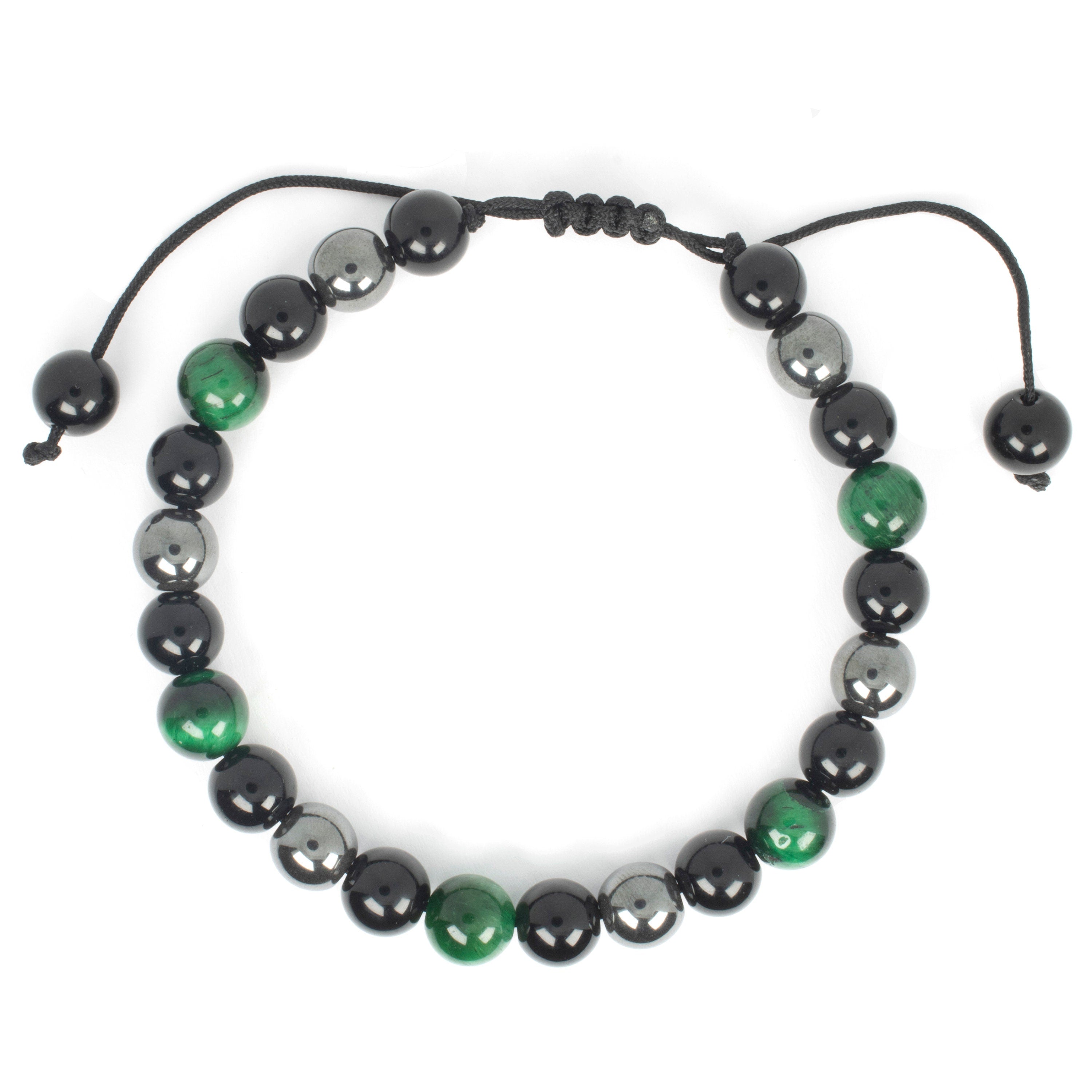 Adjustable Green Tiger Eye, Hematite, and Onyx Bracelet: Empowering Balance and Grounding