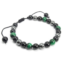 Adjustable Green Tiger Eye, Hematite, and Onyx Bracelet: Empowering Balance and Grounding