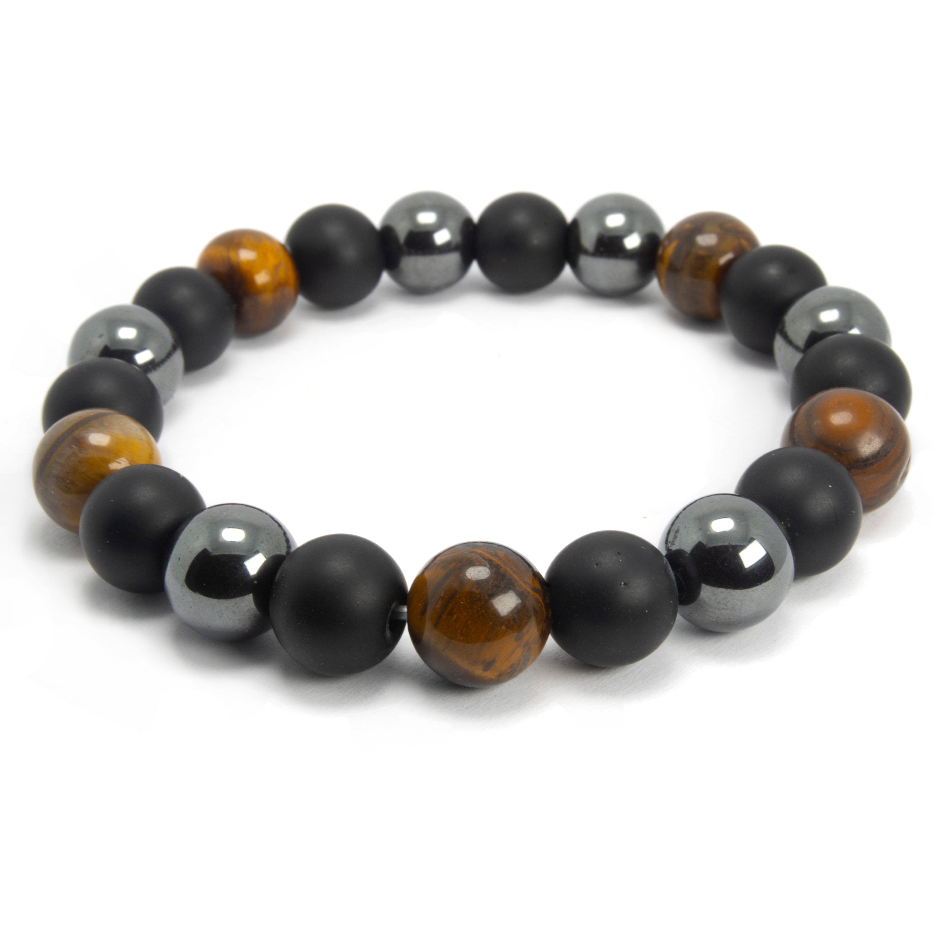 Power Trio: 10mm Tiger Eye, Onyx, and Hematite Bracelet for Strength and Balance