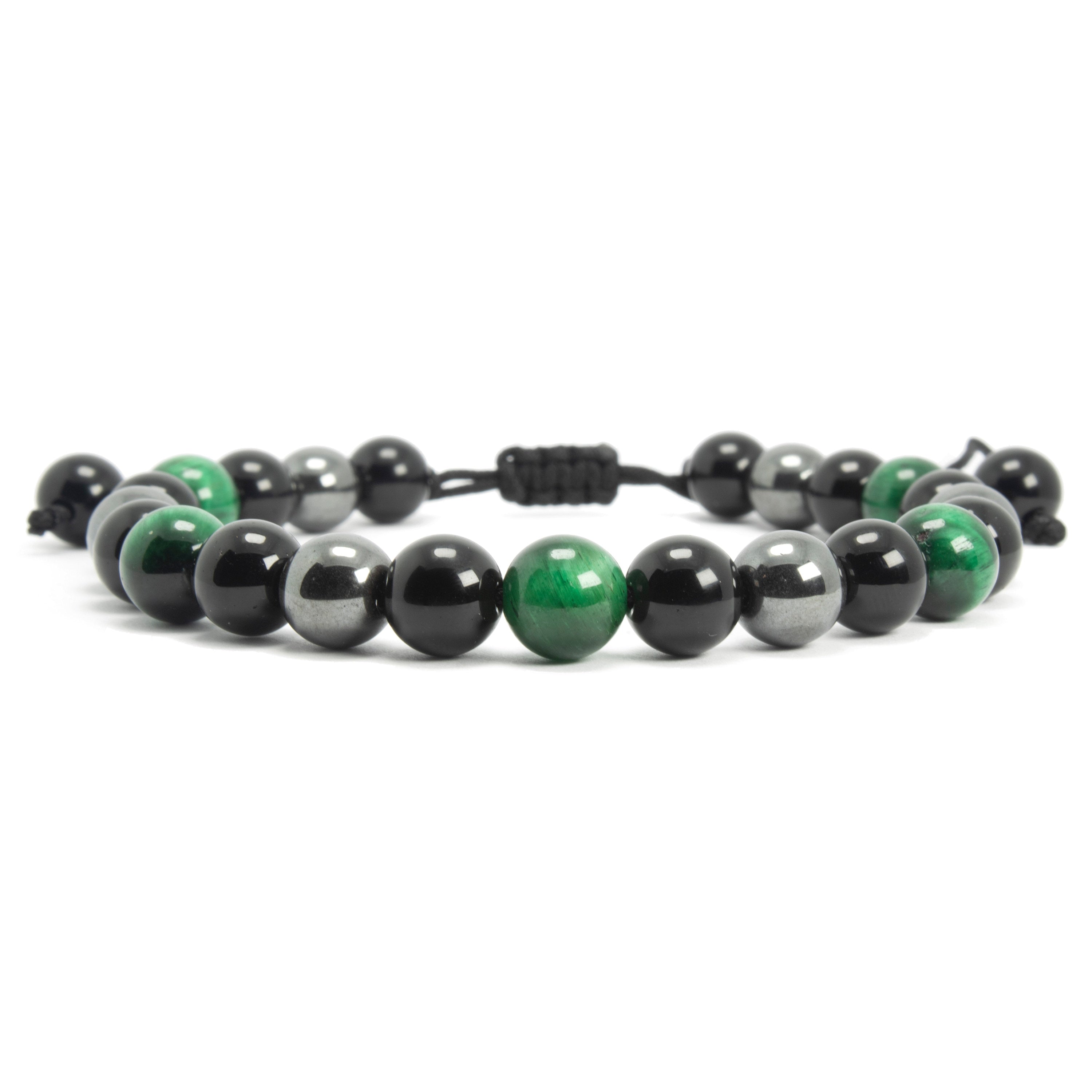 Adjustable Green Tiger Eye, Hematite, and Onyx Bracelet: Empowering Balance and Grounding