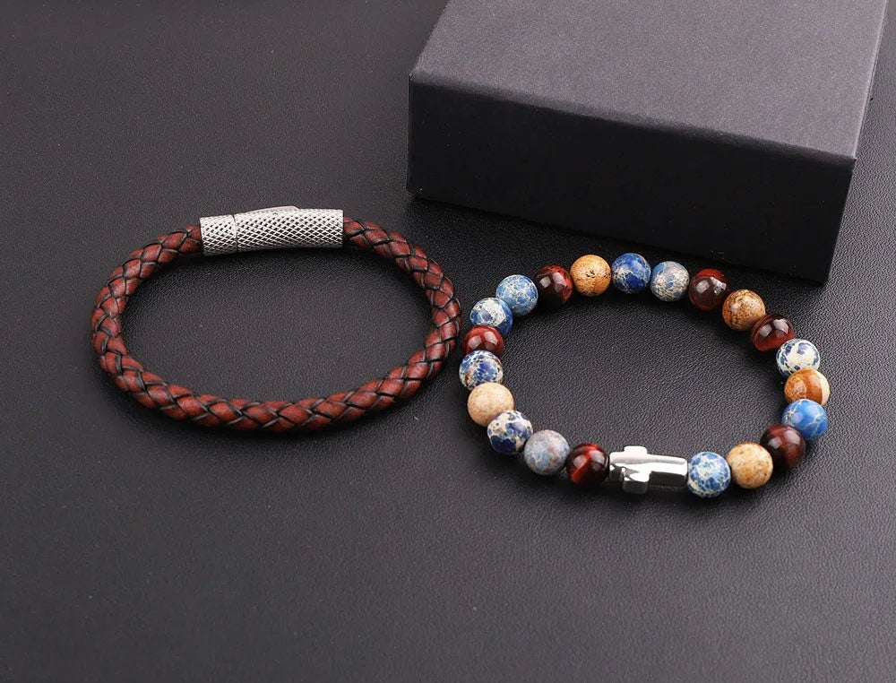 Christianity-Inspired 'Faith and Love' Bracelet Set - Genuine Leather, Gemstone Beads, Stainless Steel Charm