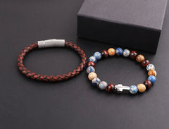 Christianity-Inspired 'Faith and Love' Bracelet Set - Genuine Leather, Gemstone Beads, Stainless Steel Charm