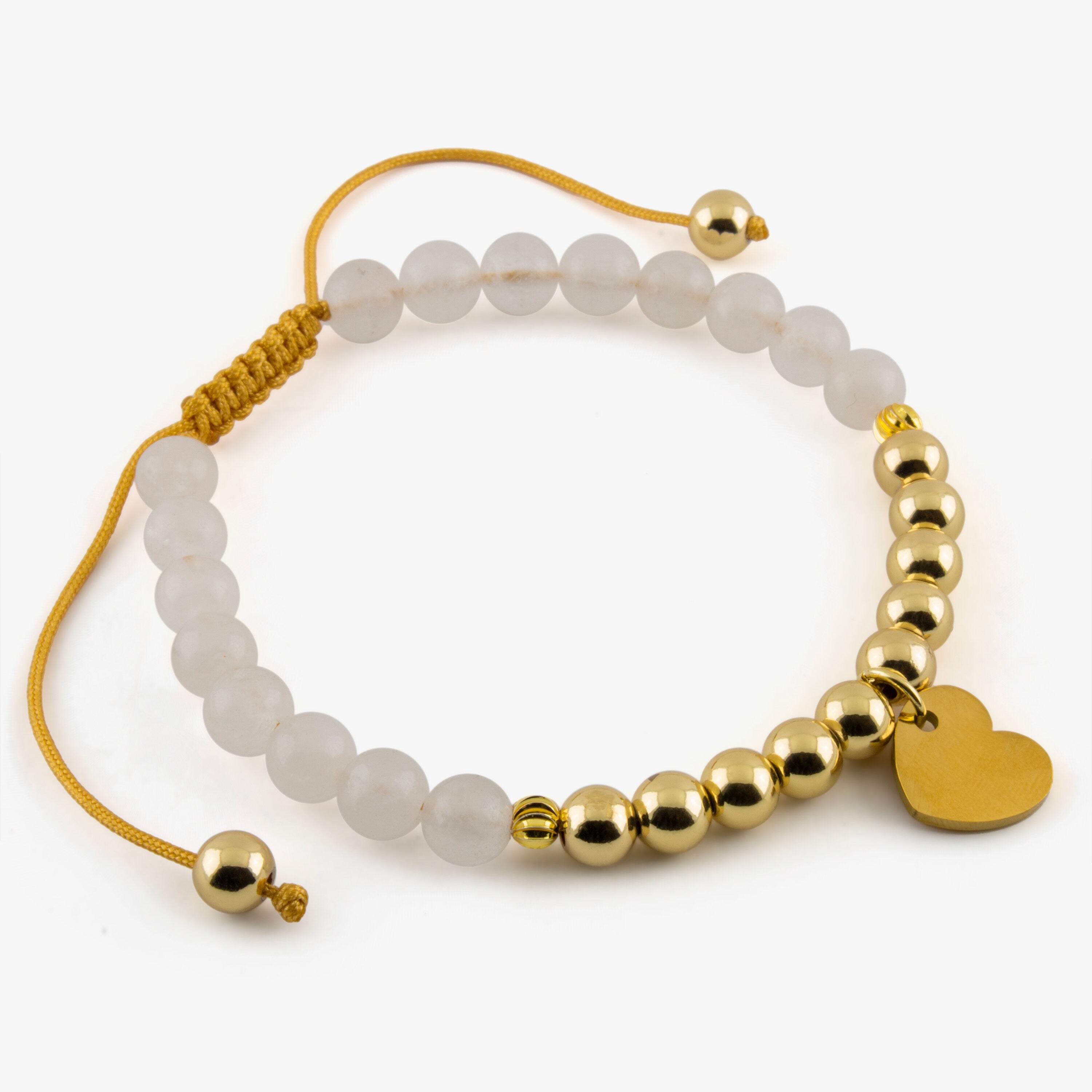 Radiant Love: Adjustable White Jade and Golden Hematite Bracelet with Heart Charm